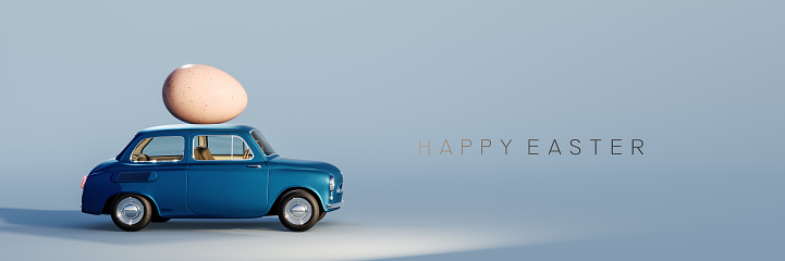 Dark blue old car with Easter egg on the roof. Easter is coming with text on blue background. 3D Rendering, 3D Illustration