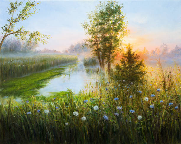 poranne jezioro - painting artist landscape painted image stock illustrations