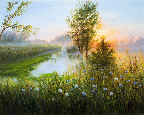 Original  oil painting of beautifl  spring landscape,misty sunrise over lake on canvas.Modern Impressionism, modernism,marinism