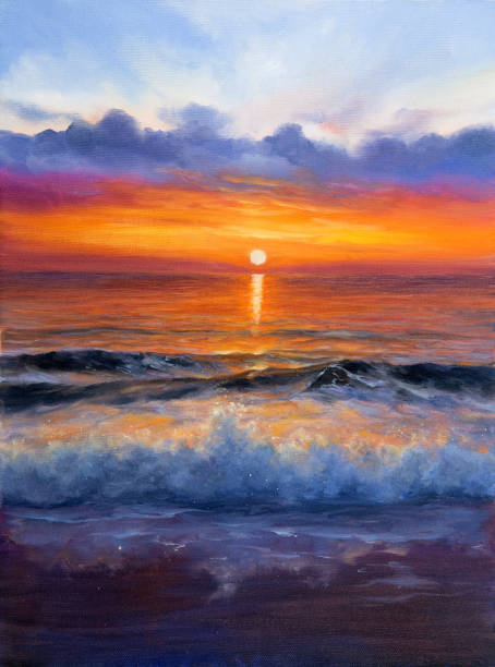 Golden sunrise on the beach Original oil painting of beautiful golden sunset over ocean beach on canvas.Modern Impressionism, modernism,marinism drawing of the hawaii islands stock illustrations