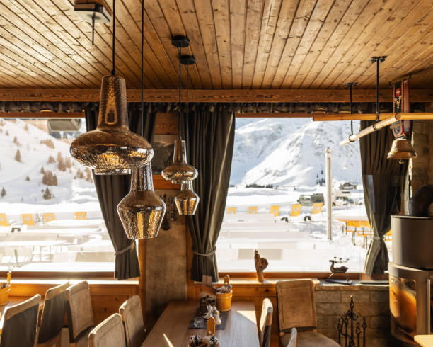 istock Mountain restaurant area, decorated in the national Austrian style, with panoramic windows to the mountains, 1471514363