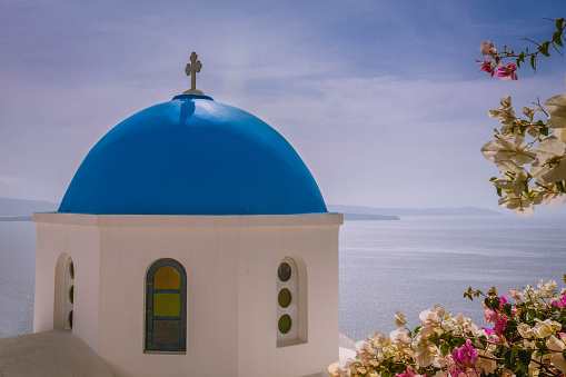 A blue domed church in Oîa Santorini with flowers in the foreground