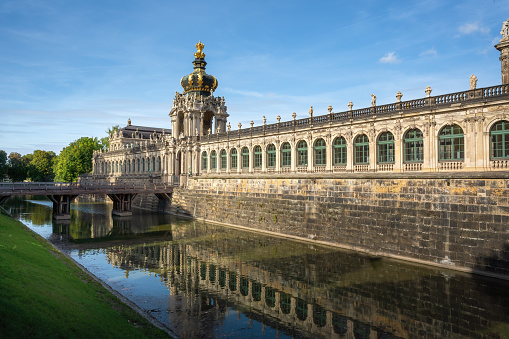 Dresden, Germany - Sep 20, 2019: Moat Bridge and Zwinger Palace Crown Gate (Kronentor) - Dresden, Saxony, Germany