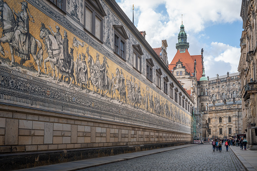 Dresden, Germany - Sep 18, 2019: Procession of Princes Mural Wall (Furstenzug) at Augustusstrasse - Dresden, Saxony, Germany