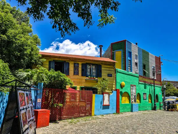 Colorful buildings in Caminito street in La Boca neighborhood at Buenos Aires, Argentina. It was a port area where Tango was born, now tourist destination with colorful houses and pedestrian stree
