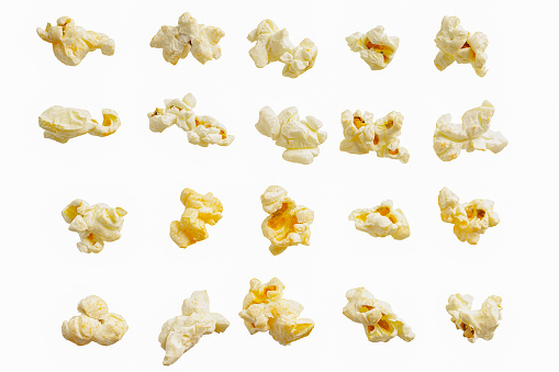 Set of tasty cheese popcorn  isolated on white background close up. Movies, cinema and entertainment concept.
