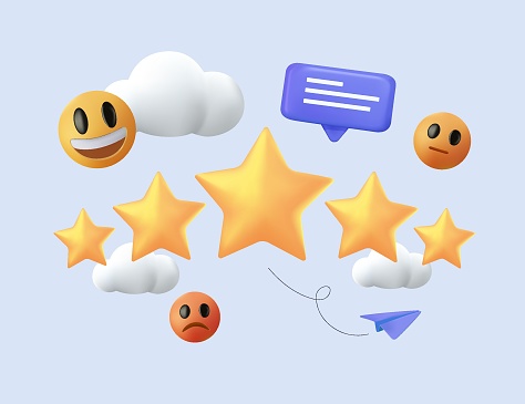 Smile feedback customers in emoji circles with joyful to sad 3D illustration. 3D rating instead of stars emoticon icons, teamwork on reviews and customer reviews, rating reviews, vector illustration