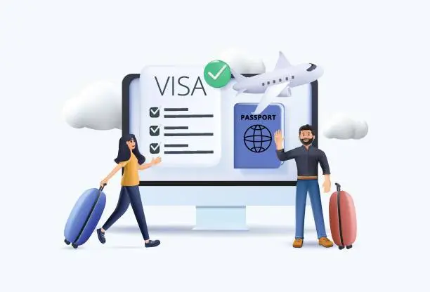 Vector illustration of Various Travel Icons 3D. Characters Planning Trip and Choosing Destination, Preparing Travel Visa and Passport, Booking