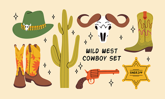 Cowboy western theme; wild west concept. Various objects. Boots; cactus; skull; gun; cowboy hat; sheriff badge star. Hand drawn colorful vector set. Elements are insolated