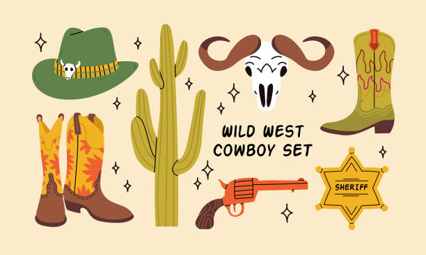 Cowboy western theme; wild west concept Cowboy western theme; wild west concept. Various objects. Boots; cactus; skull; gun; cowboy hat; sheriff badge star. Hand drawn colorful vector set. Elements are insolated theme wild wild west stock illustrations