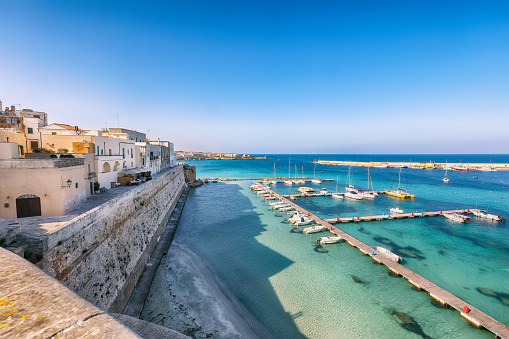 Breathtaking view on harbour of Otranto in Italy with lots of boats and yachts.