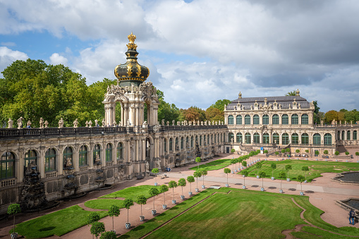 Dresden, Germany - Sep 18, 2019: Zwinger Palace with Crown Gate (Kronentor) and Royal Cabinet of Mathematical and Physical Instruments - Dresden, Saxony, Germany