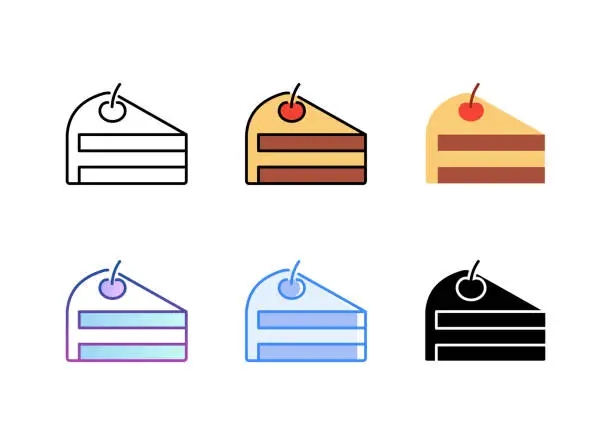 Vector illustration of Cake slice icon. 6 Different styles. Editable stroke.