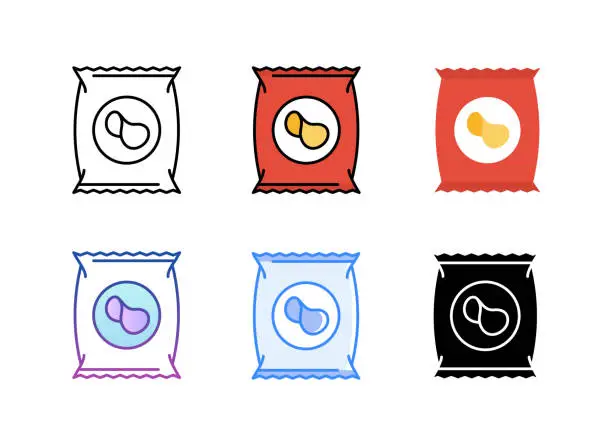Vector illustration of Potato chips icon. 6 Different styles. Editable stroke.