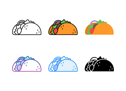 Taco icon. 6 Different styles. Editable stroke. Vector illustration.
