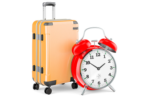 Luggage with alarm clock. 3D rendering isolated on white background
