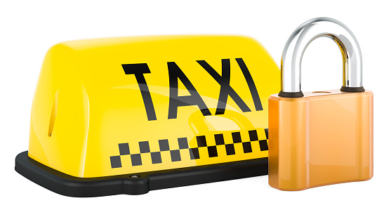 Taxi car signboard with padlock, 3D rendering isolated on white background