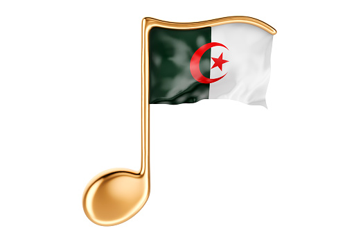 Musical note with Algerian flag. Music in Algeria, concept. 3D rendering isolated on white background