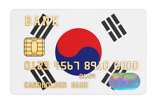 Bank credit card featuring South Korean flag. National banking system in South Korea concept. 3D rendering isolated on white background