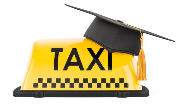 taxi car signboard with education hat. 3d rendering - university graduation car student imagens e fotografias de stock