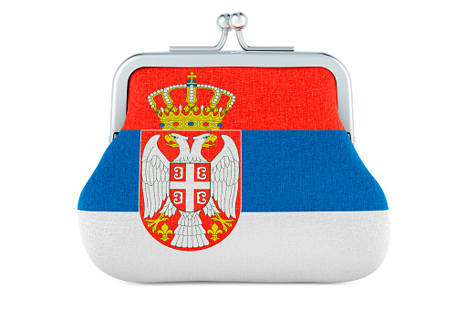 Coin purse with Serbian flag. Budget, investment or financial, banking concept in Serbia. 3D rendering isolated on white background