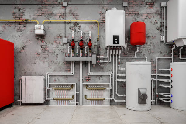 Boiler Room In Basement Boiler system in a basement with heat pump for heating water and building. electric heater stock pictures, royalty-free photos & images