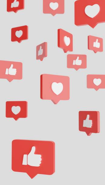 vertical 3d render of rectangular red icons with white hearts and likes symbols
