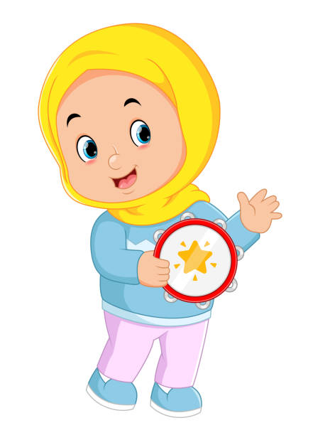 a Muslim girl is happy by playing the tambourine a Muslim girl is happy by playing the tambourine of illustration cartoon of muslim costume stock illustrations