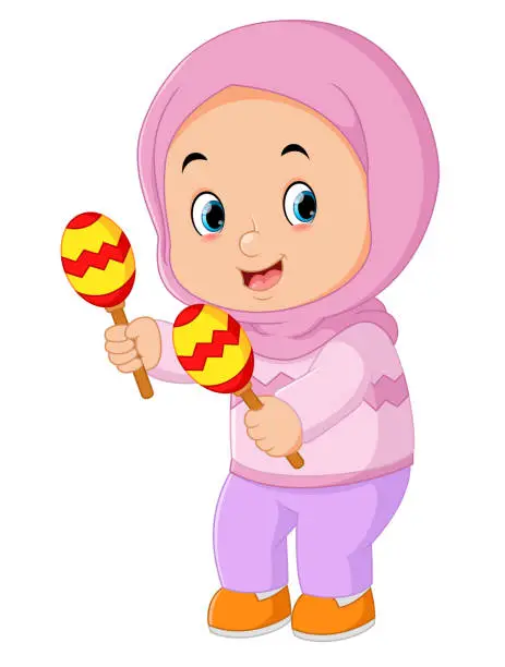 Vector illustration of a cute Muslim girl playing a maracas musical instrument