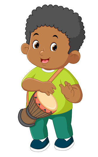a cute african boy learns to play the bongo instrument of illustration