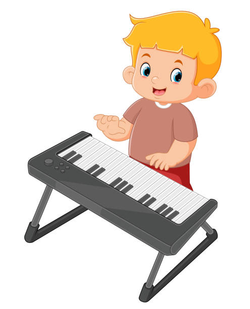 a cute boy is dancing and having fun playing the digital piano a cute boy is dancing and having fun playing the digital piano of illustration electric piano stock illustrations