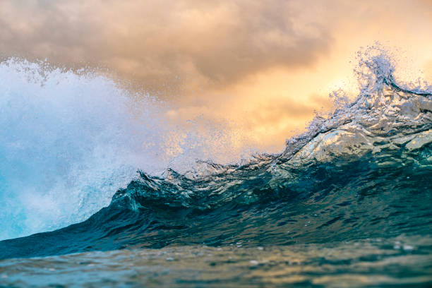istock Ocean waves crashing under a dramatic golden sky at sunset 1471531180