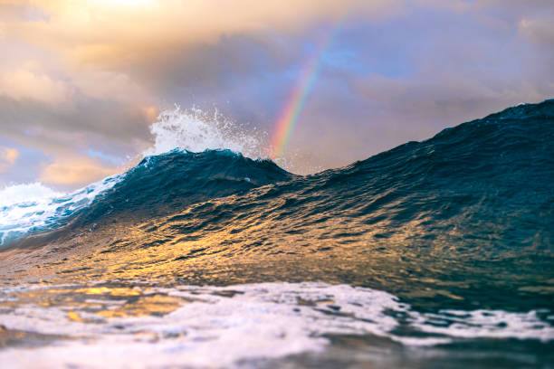 istock Ocean waves forming under a dramatic golden sky at sunset with rainbow 1471531190