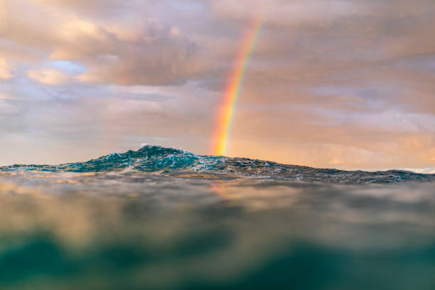 Ocean waves forming under a dramatic golden sky at sunset with rainbow. Beauty in nature scene. Shot on the south east coast of Australia.