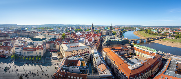 Panoramic aerial view with Dresden Castle, Cathedral, Neumarkt and Elbe River - Dresden, Saxony, Germany