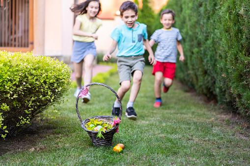 Excited children are running towards a decorated basket filled with Easter eggs sitting on the ground in a garden on a bright sunny day