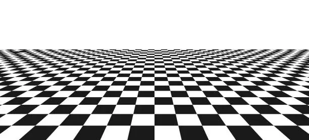 Vector illustration of Chess perspective floor background. Black and white chessboard perspective floor texture. Checker board pattern surface. Fading away vanishing checkerboard background. Abstract vector illustration