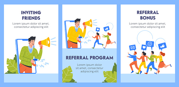 Referral Program Business Banners. Salesman Character Shouting to Megaphone Attracting Audience to Refer Friends. People Connected with Internet and Relationship Network. Cartoon Vector Posters