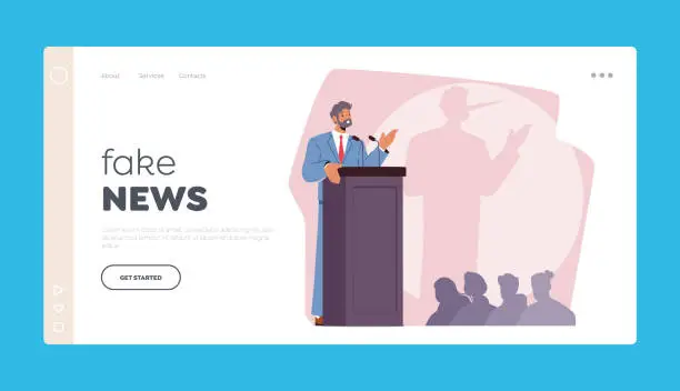 Vector illustration of Fake News Landing Page Template. Male Character Liar with Long Nose Shade on Wall Stand On Podium Addressing A Crowd