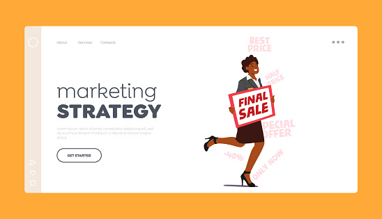 Marketing Strategy Landing Page Template. Forceful Promoter Female Character Run with Banner in hands Aggressively Promoting Final Sale To Customers Make A Purchase. Cartoon People Vector Illustration