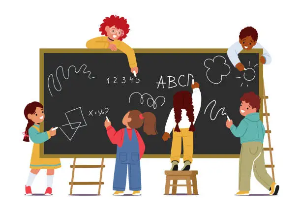 Vector illustration of Children Stand In Front Of Blackboard, Writing With Chalk. Concept Of School Education, Innocence Of Childhood