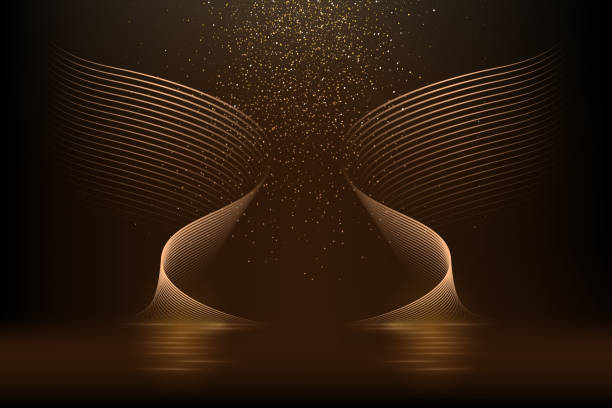 Gold light wings with glowing on black background. Yellow neon bright flare lines shining with mirror reflection on water vector illustration. Motion flow effects with blur.
