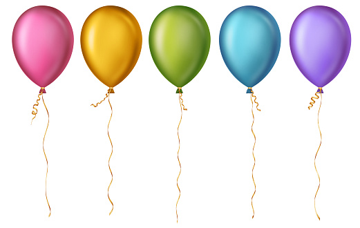 Colorful balloons with golden ribbons cut off on the white