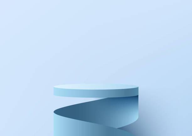 istock 3D realistic empty blue podium stand swirl spiral ribbon minimal wall scene background 1471537497