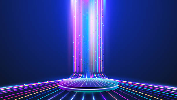 realistyczna technologia 3d cyfrowy wyświetlacz cyberpunk podium neon lighting - three dimensional abstract backdrop backgrounds stock illustrations