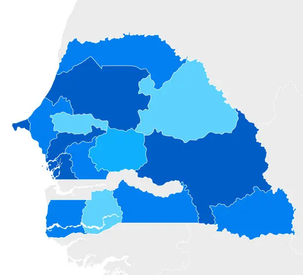 Vector illustration of High detailed Senegal Blue map with Regions and national borders