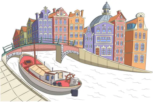 Vector illustration of Amsterdam. An old cargo barge in a canal near the city embankment with colorful houses.