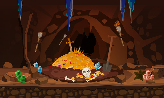 Fantasy Treasure cave with pile of gold coins, crystals, gem, money sword and skull. Cartoon pirate treasury vector background. Illustration cartoon style, grot with old antiqe wealth