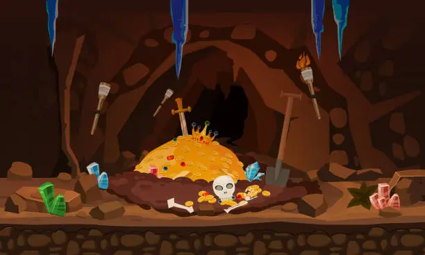 Vector illustration of Fantasy Treasure cave with pile of gold coins, crystals, gem, money sword and skull