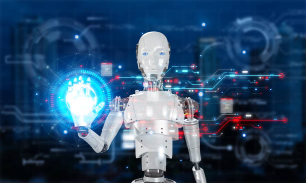 istock Humanoid robot with a plastic face presses the button on the digital screen. Robot cybernetic organism works with a virtual HUD interface in augmented reality. Future concept. 1471545919